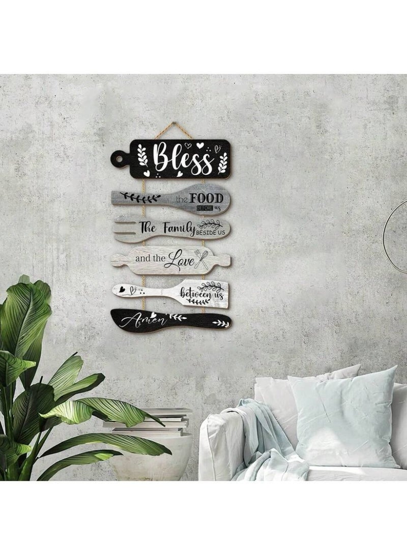 Bless the Food Before Us Wall Hanging – Rustic Kitchen Wall Decor Sign – Wooden Spoon & Fork Quote Art – Farmhouse Dining Room Hanging Plaque - Image 3